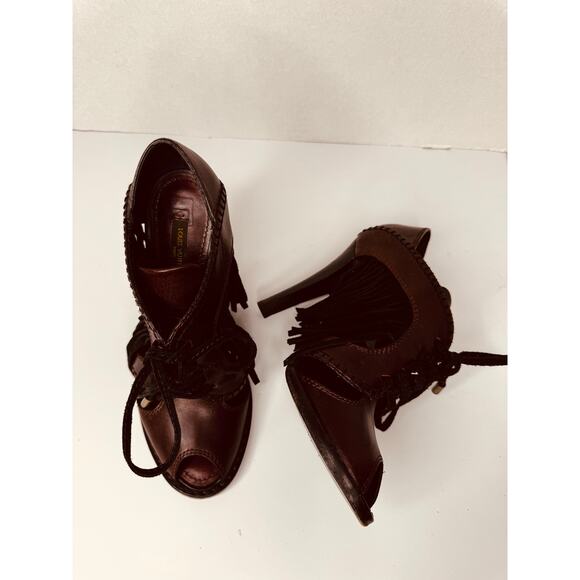Louis Vuitton Dakota Heels Size 37 Burgundy Bordeaux Leather Fringe Peep Toe - Picture 11 of 14